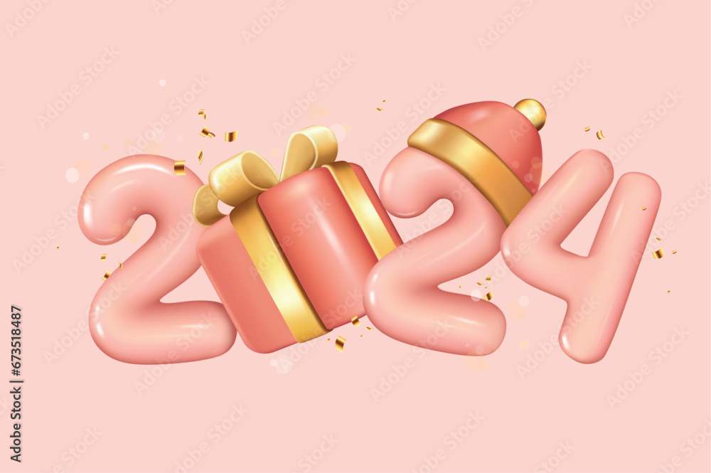 Aufkleber Christmas and New Year 2024 background in 3d realistic design. 2024 soft pink glossy numbers with gift box and Santa Claus hat with golden elements. Xmas banner in plastic style. Vector illustration.
