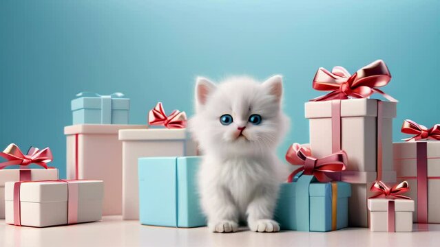 A small white fluffy kitten with blue eyes and a bunch of gifts with ribbons. A kitten shakes its head. Concept of holidays and gifts. AI generated animation. High quality 4k footage