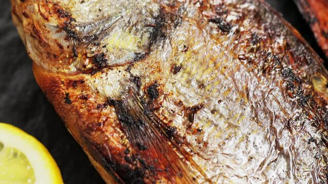 Dorado Fish Baked with Lemon and Spices. Close up shot