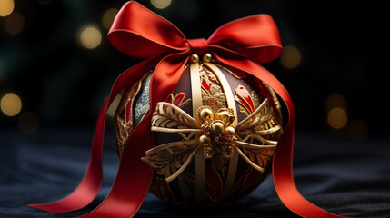 Christmas red bauble decorated with a lot of details and a red ribbon