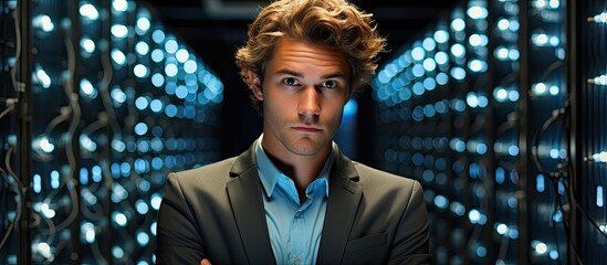 A youthful and attractive entrepreneur specialized in engineering found within the controlled environment of a datacenter s server room