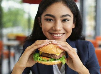 Smiling latin brunette woman having a burger sitting on fast food restaurant