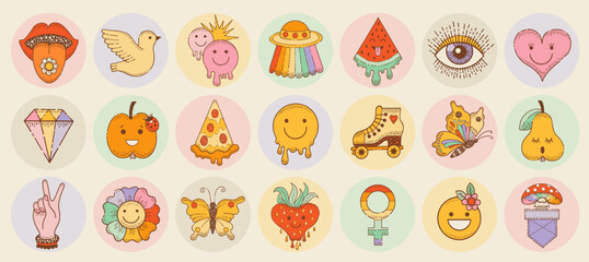 Hippie stickers. Groovy icons with peace sign, flower, mushroom, smile, ufo. Retro boho 70s clipart. Doodle emoji graphic. Hippy element. Funky logo, tattoo, music cute psychedelic vector. Groovy art