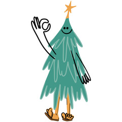 Funny Christmas Fir Tree Character. Cute New Year Concept. Pine Tree with Smiley Face, Boots, Legs and Hands. Happy Xmas graphic element. Isolated Cartoon Hand Drawn Vector illustration