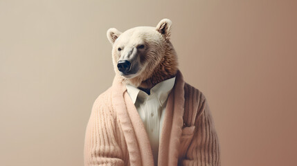 A bear standing on two legs in a warm winter sweater. Abstract, creative, illustrated, minimal portrait of a wild animal dressed up as a man in elegant clothes.
