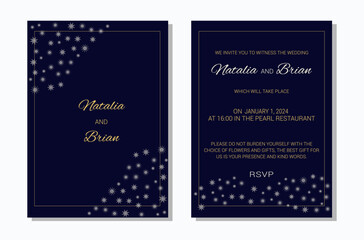Wedding invitation layout template in winter theme. Snowflakes on a dark background gold inscription. Design of an invitation card. Vector illustration.