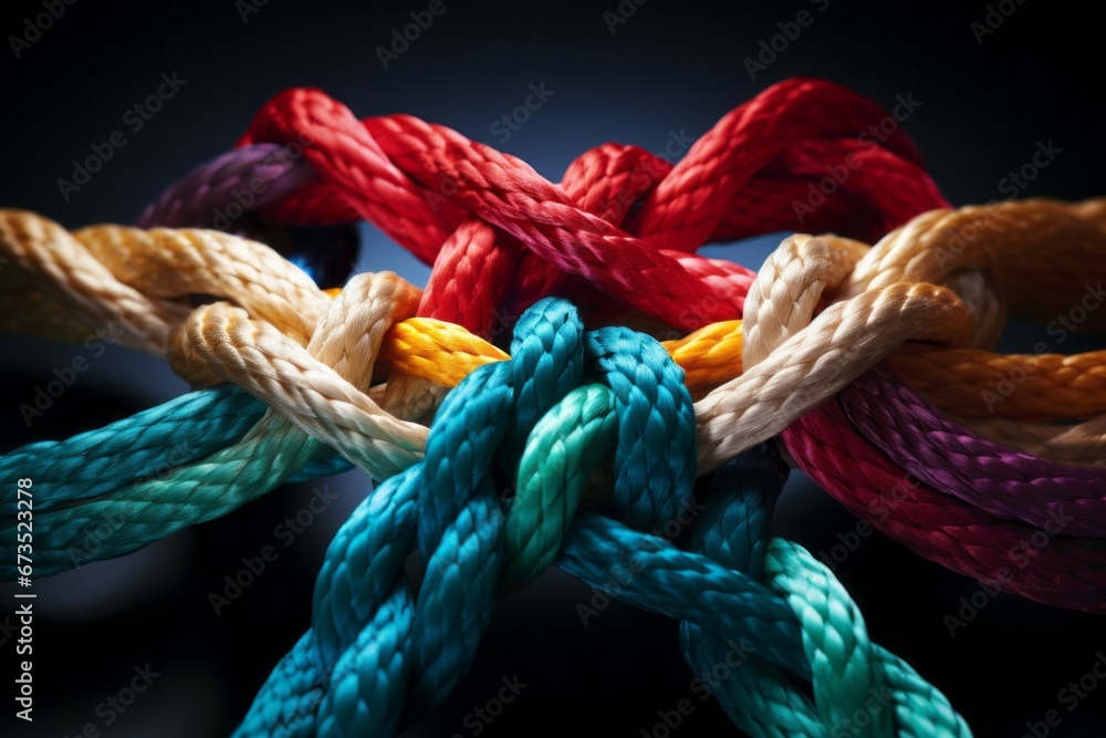 Poster different ropes are woven into a knot. teamwork concept. background with selective focus and copy sp
