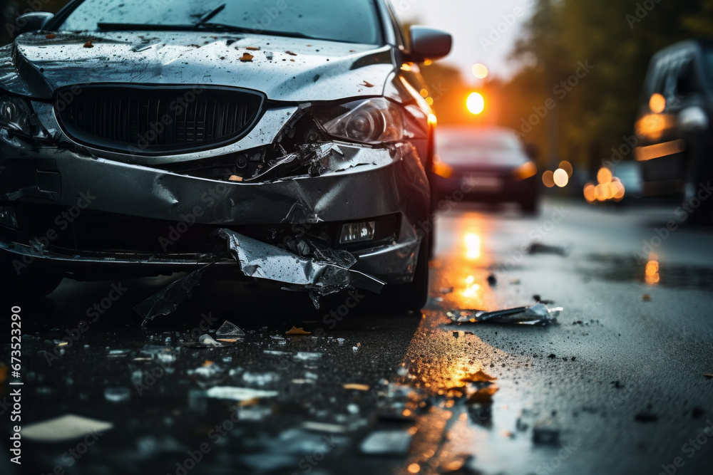 Poster broken car in an accident. crash on the road. background with selective focus and copy space