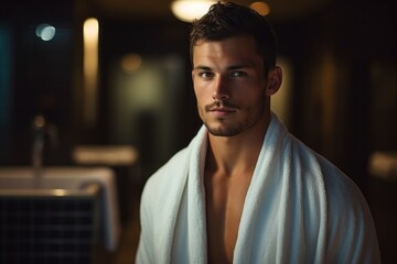 A man gets out of the shower. Portrait with selective focus and copy space