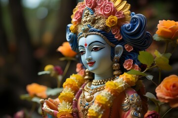 Krishna in figurine style. Religious concept with selective focus and copy space