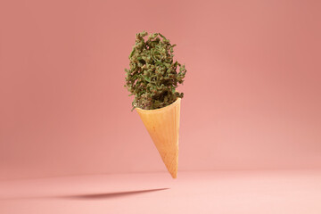 Cannabis buds in a food cone. Creative food concept. On a pastel background