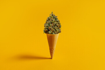 Cannabis buds in a food cone. Creative food concept. On a yellow background - 673523873
