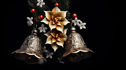 Christmas decoration on a black background. Traditional flower and bells at Xmas. 