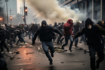 Protesters behaving violently, fighting, damaging buildings and vehicles. Angry mob protesting on the street. People participating in street riot. Police confronting crowds.