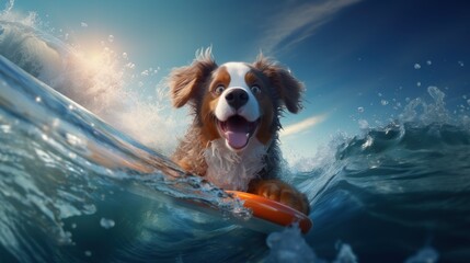 Funny dog surfing on a surfboard at the ocean with sunset or sunrise sky view - obrazy, fototapety, plakaty
