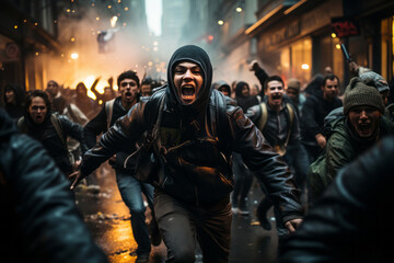 Protesters behaving violently, fighting, damaging buildings and vehicles. Angry mob protesting on the street. People participating in street riot. Police confronting crowds. - obrazy, fototapety, plakaty