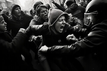 Protesters behaving violently, fighting, damaging buildings and vehicles. Angry mob protesting on the street. People participating in street riot. Police confronting crowds. - obrazy, fototapety, plakaty