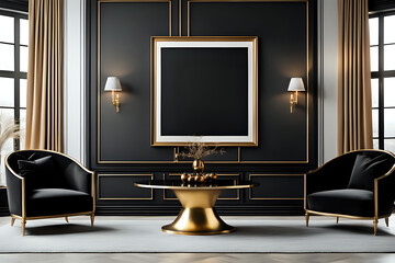 Luxury premium living room with black stylish armchairs, blank artwork frame mockup and a golden brass table