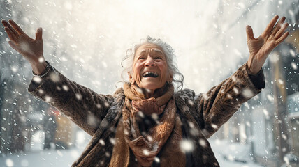 Elderly woman smiling and raising her hands in a snowfall
