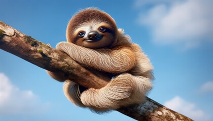 happy sloth sleeping on a branch with teh blue sky in the background