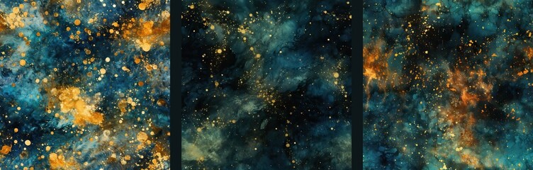 Watercolor collection of night sky. Set of seamless pattern with gold foil constellations, stars, clouds on dark blue background. Space, astronomical concept. Design for textile, fabric, paper, print	 - obrazy, fototapety, plakaty