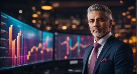 businessman engrossed in his work in a modern office. He is sitting at his desk with a large screen showing financial data in the background. The image sums up the essence of a dynamic corporation