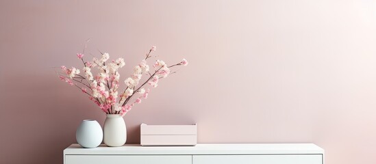 Home decor with a simple arrangement of furniture and decorative items in a living room including a white commode book vase holding dried flowers modern sculpture casket bowl pink wall and 