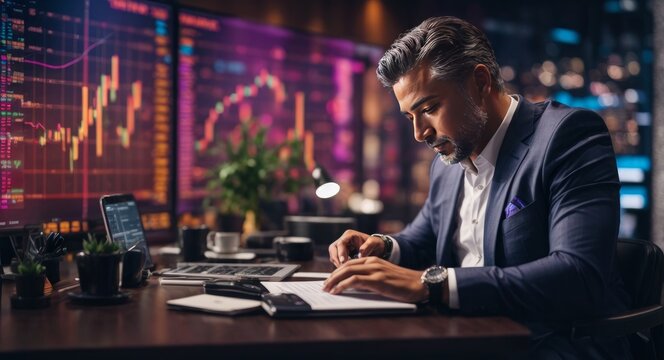 businessman engrossed in his work in a modern office. He is sitting at his desk with a large screen showing financial data in the background. The image sums up the essence of a dynamic corporation.