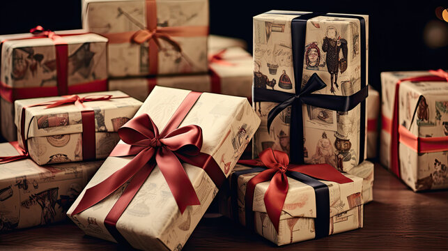 christmas themed gift wrap and ribbons on the multitude of gift boxes