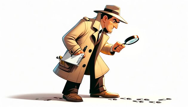 2D illustration of a white male detective searching for clues