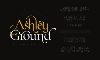 Ashleyground premium luxury elegant alphabet letters and numbers. Elegant wedding typography classic serif font decorative vintage retro. Creative vector illustration - obrazy, fototapety, plakaty