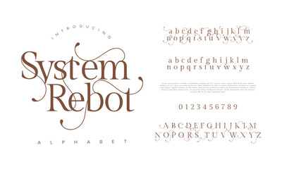 Systemrebot premium luxury elegant alphabet letters and numbers. Elegant wedding typography classic serif font decorative vintage retro. Creative vector illustration