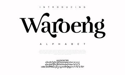 Waroeng premium luxury elegant alphabet letters and numbers. Elegant wedding typography classic serif font decorative vintage retro. Creative vector illustration