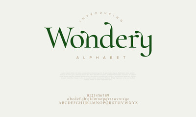 Wondery premium luxury elegant alphabet letters and numbers. Elegant wedding typography classic serif font decorative vintage retro. Creative vector illustration