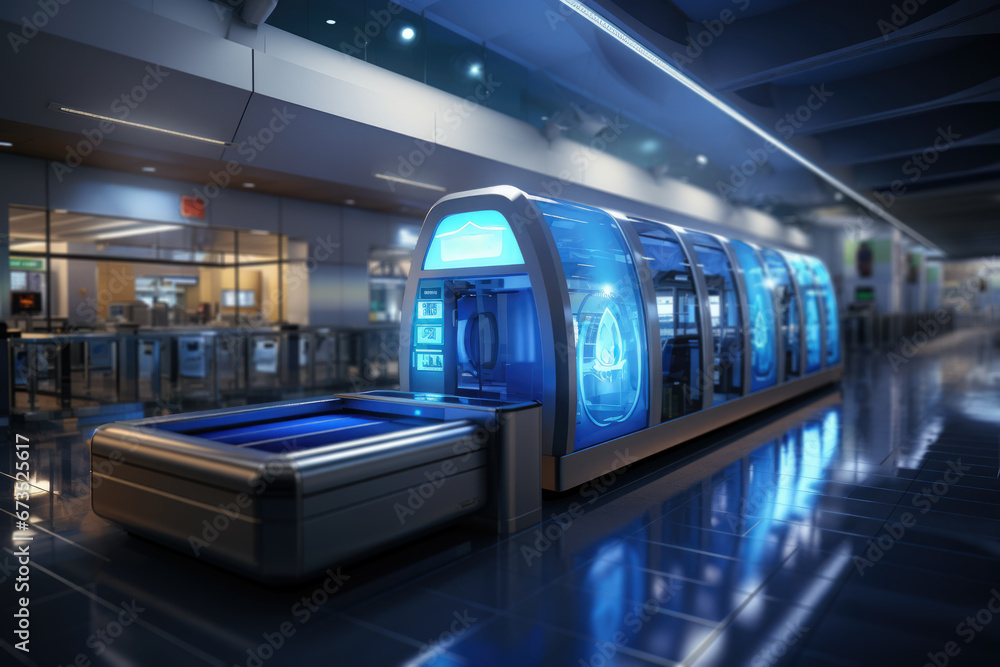 Poster a security checkpoint at the airport equipped with biometric scanning to ensure safe and efficient t