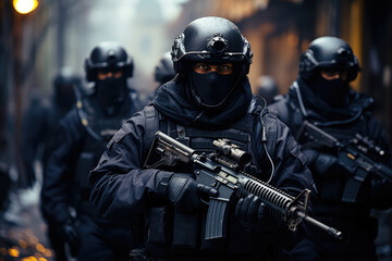 Obraz premium Security forces employing non-lethal methods to maintain peace and protect human rights. Concept of peaceful law enforcement. Generative Ai.