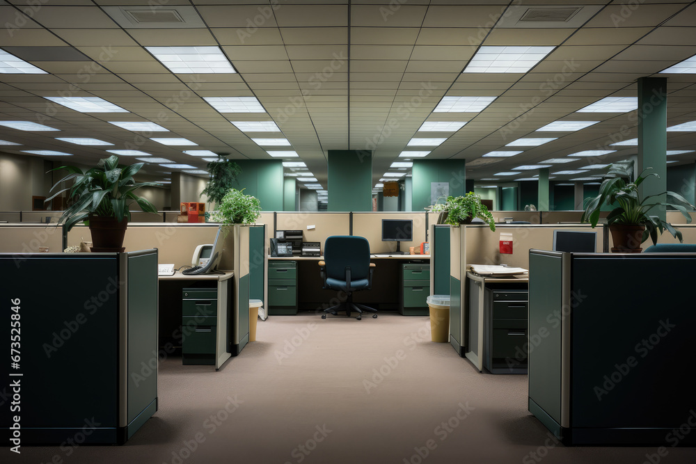 Poster an empty office cubicle, a stark representation of the impact of unemployment on the workforce. gene