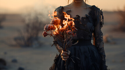 depressed gothic girl with burning flowers, standing in minimal surreal valley, anti valentine, abstract