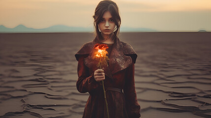 depressed gothic girl with burning flowers, standing in minimal surreal valley, anti valentine