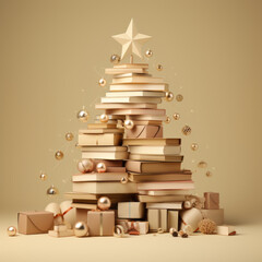 Colorful books arranged in the shape of a Christmas tree on pastel beige background. Creative Chirstmas scene in a minimalist style. Holiday book sale or black friday concept.