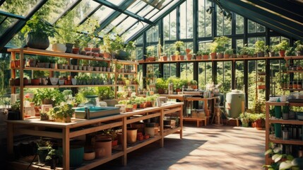 Greenhouse interior with a variety of plant, gardening cultivation - obrazy, fototapety, plakaty
