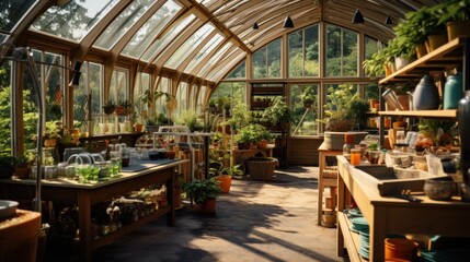 Greenhouse interior with a variety of plant, gardening cultivation - obrazy, fototapety, plakaty