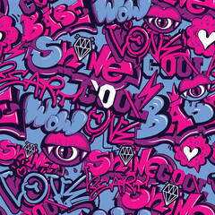 Abstract seamless Grunge pattern with street art style text. Graffiti repeat print. Cover urban lettering ornament with text Super, love, kiss, wow, xo xo. Girlish fashion background. Heart prints