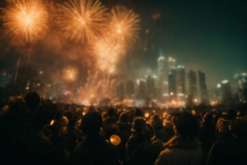 Fototapeta na wymiar Crowd watching fireworks light up the night sky over a cityscape, creating a festive and hazy atmosphere.