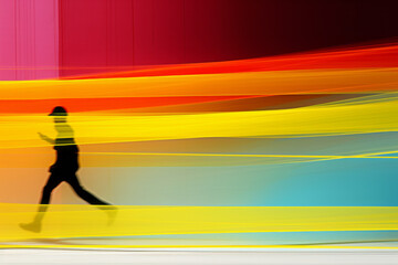 Fototapeta na wymiar Silhouette of a man in a hurry and looking at his smartphone. Colorful waves of color, dynamic.
