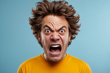 A man with wild, disheveled hair and an exaggerated angry expression against a blue background.