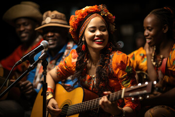 Obraz premium An assembly of musicians from different countries performing a multicultural concert, promoting artistic collaboration. Generative Ai.