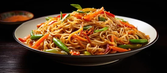 Fotobehang A vegetarian Asian style dinner that includes rice or potato noodles mixed with bell peppers carrots green beans onions sesame seeds and soy sauce creating a delicious and flavorful dish © 2ragon