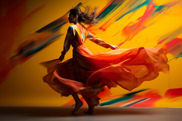 A young woman dances in waves of color. Dance, passion, beauty, love.