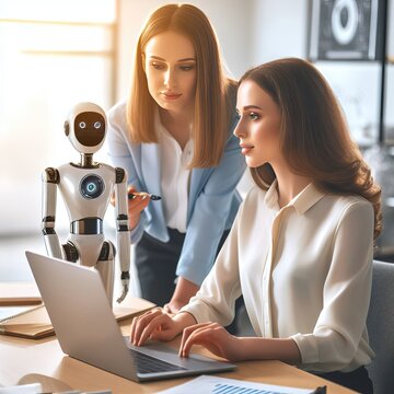 Woman and robot with artificial intelligence working together in office concept, technology concept, generative ai